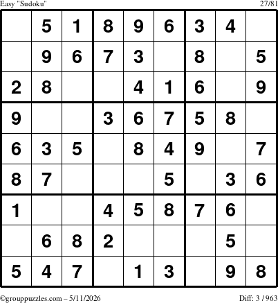 The grouppuzzles.com Easy Sudoku puzzle for Monday May 11, 2026