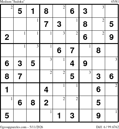 The grouppuzzles.com Medium Sudoku puzzle for Monday May 11, 2026 with the first 3 steps marked