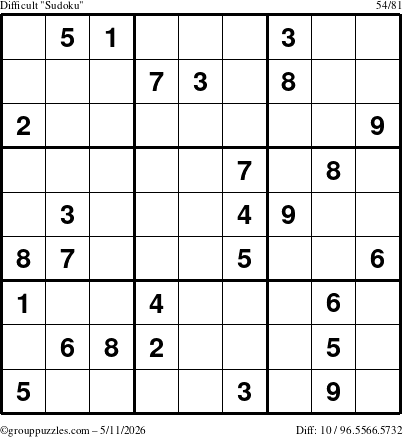The grouppuzzles.com Difficult Sudoku puzzle for Monday May 11, 2026