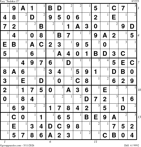 The grouppuzzles.com Easy Sudoku-15 puzzle for Monday May 11, 2026, suitable for printing, with all 4 steps marked