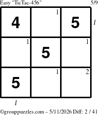 The grouppuzzles.com Easy TicTac-456 puzzle for Monday May 11, 2026, suitable for printing, with all 2 steps marked