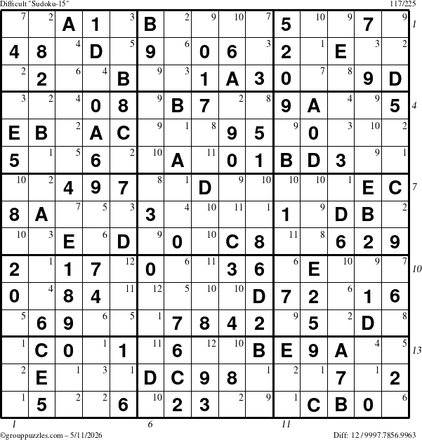The grouppuzzles.com Difficult Sudoku-15 puzzle for Monday May 11, 2026, suitable for printing, with all 12 steps marked