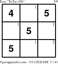 The grouppuzzles.com Easy TicTac-456 puzzle for Monday May 11, 2026 with the first 2 steps marked