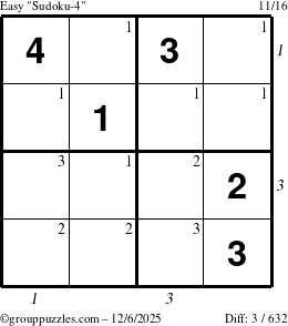 The grouppuzzles.com Easy Sudoku-4 puzzle for Saturday December 6, 2025, suitable for printing, with all 3 steps marked