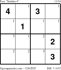 The grouppuzzles.com Easy Sudoku-4 puzzle for Saturday December 6, 2025 with the first 3 steps marked