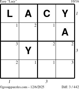 The grouppuzzles.com Easy Lacy puzzle for Saturday December 6, 2025 with all 3 steps marked