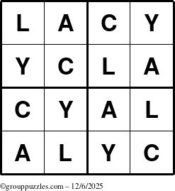 The grouppuzzles.com Answer grid for the Lacy puzzle for Saturday December 6, 2025