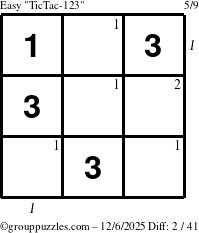 The grouppuzzles.com Easy TicTac-123 puzzle for Saturday December 6, 2025, suitable for printing, with all 2 steps marked
