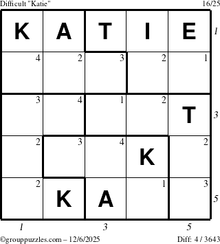 The grouppuzzles.com Difficult Katie puzzle for Saturday December 6, 2025, suitable for printing, with all 4 steps marked