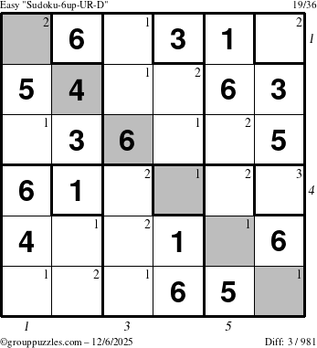 The grouppuzzles.com Easy Sudoku-6up-UR-D puzzle for Saturday December 6, 2025 with all 3 steps marked