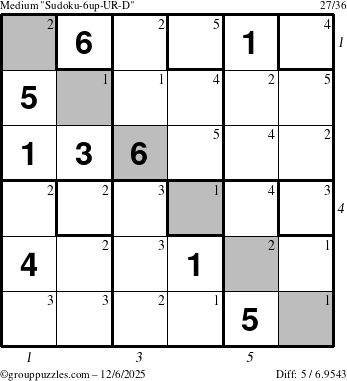 The grouppuzzles.com Medium Sudoku-6up-UR-D puzzle for Saturday December 6, 2025 with all 5 steps marked