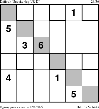The grouppuzzles.com Difficult Sudoku-6up-UR-D puzzle for Saturday December 6, 2025