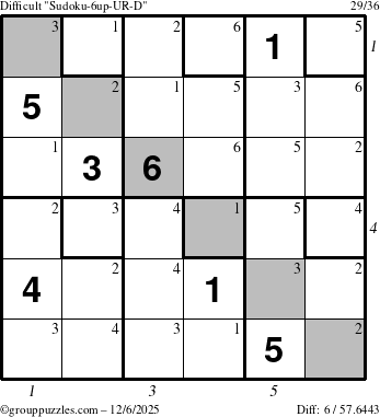 The grouppuzzles.com Difficult Sudoku-6up-UR-D puzzle for Saturday December 6, 2025, suitable for printing, with all 6 steps marked
