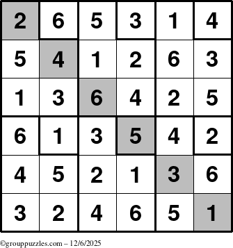 The grouppuzzles.com Answer grid for the Sudoku-6up-UR-D puzzle for Saturday December 6, 2025