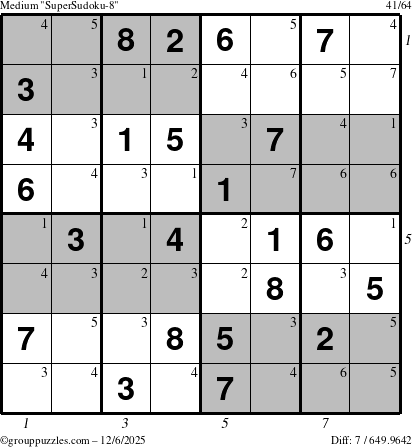 The grouppuzzles.com Medium SuperSudoku-8 puzzle for Saturday December 6, 2025 with all 7 steps marked