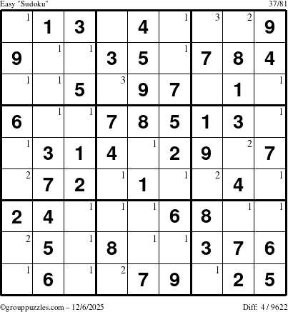 The grouppuzzles.com Easy Sudoku puzzle for Saturday December 6, 2025 with the first 3 steps marked