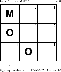 The grouppuzzles.com Easy TicTac-MNO puzzle for Saturday December 6, 2025 with all 2 steps marked