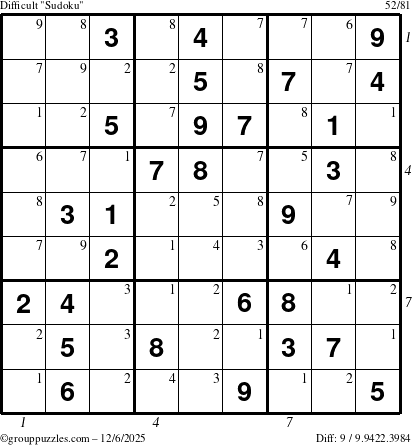 The grouppuzzles.com Difficult Sudoku puzzle for Saturday December 6, 2025, suitable for printing, with all 9 steps marked