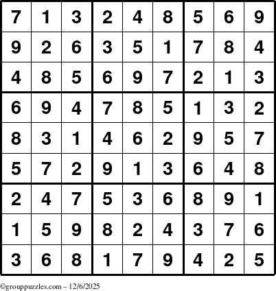 The grouppuzzles.com Answer grid for the Sudoku puzzle for Saturday December 6, 2025