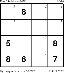 The grouppuzzles.com Easy Sudoku-4-5678 puzzle for Monday June 9, 2025 with the first 3 steps marked