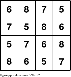 The grouppuzzles.com Answer grid for the Sudoku-4-5678 puzzle for Monday June 9, 2025