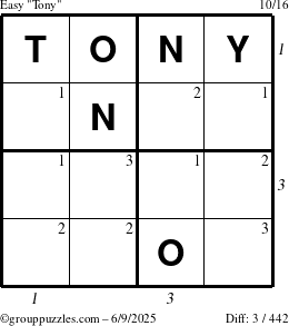 The grouppuzzles.com Easy Tony puzzle for Monday June 9, 2025, suitable for printing, with all 3 steps marked