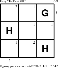 The grouppuzzles.com Easy TicTac-GHI puzzle for Monday June 9, 2025 with all 2 steps marked