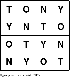 The grouppuzzles.com Answer grid for the Tony puzzle for Monday June 9, 2025