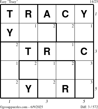 The grouppuzzles.com Easy Tracy puzzle for Monday June 9, 2025 with all 3 steps marked
