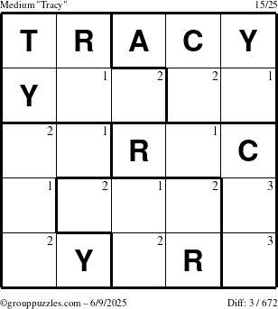 The grouppuzzles.com Medium Tracy puzzle for Monday June 9, 2025 with the first 3 steps marked