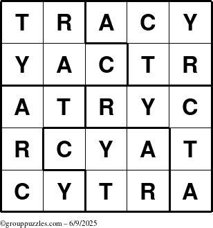 The grouppuzzles.com Answer grid for the Tracy puzzle for Monday June 9, 2025