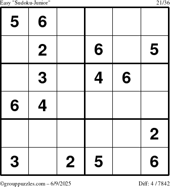 The grouppuzzles.com Easy Sudoku-Junior puzzle for Monday June 9, 2025