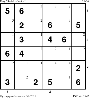 The grouppuzzles.com Easy Sudoku-Junior puzzle for Monday June 9, 2025 with all 4 steps marked