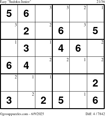 The grouppuzzles.com Easy Sudoku-Junior puzzle for Monday June 9, 2025 with the first 3 steps marked
