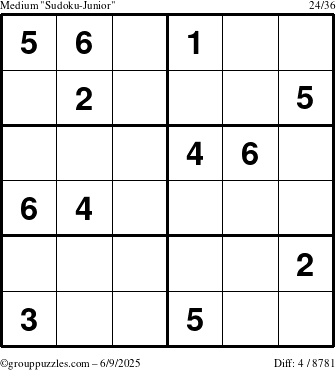 The grouppuzzles.com Medium Sudoku-Junior puzzle for Monday June 9, 2025
