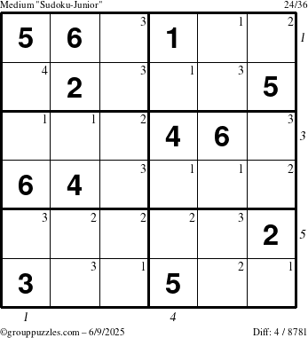 The grouppuzzles.com Medium Sudoku-Junior puzzle for Monday June 9, 2025 with all 4 steps marked