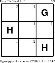 The grouppuzzles.com Easy TicTac-GHI puzzle for Monday June 9, 2025 with the first 2 steps marked