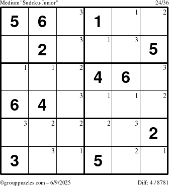 The grouppuzzles.com Medium Sudoku-Junior puzzle for Monday June 9, 2025 with the first 3 steps marked