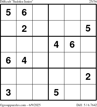 The grouppuzzles.com Difficult Sudoku-Junior puzzle for Monday June 9, 2025