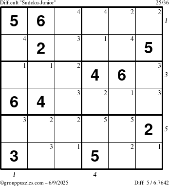 The grouppuzzles.com Difficult Sudoku-Junior puzzle for Monday June 9, 2025 with all 5 steps marked