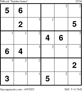 The grouppuzzles.com Difficult Sudoku-Junior puzzle for Monday June 9, 2025 with the first 3 steps marked
