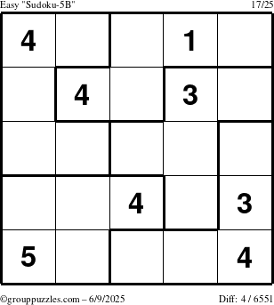 The grouppuzzles.com Easy Sudoku-5B puzzle for Monday June 9, 2025