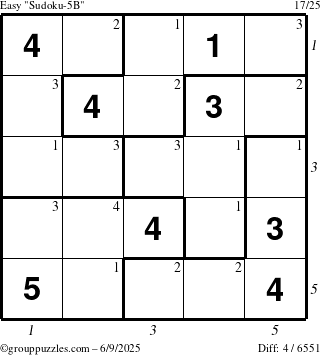 The grouppuzzles.com Easy Sudoku-5B puzzle for Monday June 9, 2025 with all 4 steps marked