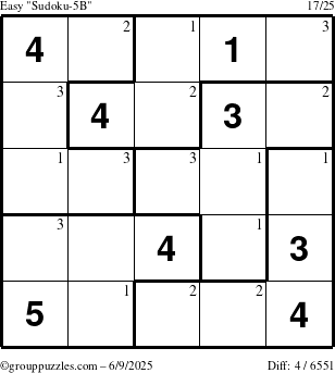 The grouppuzzles.com Easy Sudoku-5B puzzle for Monday June 9, 2025 with the first 3 steps marked