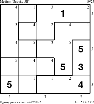 The grouppuzzles.com Medium Sudoku-5B puzzle for Monday June 9, 2025 with all 5 steps marked