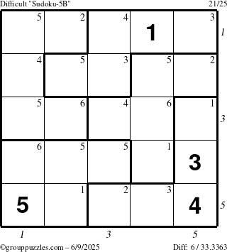 The grouppuzzles.com Difficult Sudoku-5B puzzle for Monday June 9, 2025 with all 6 steps marked