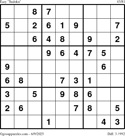 The grouppuzzles.com Easy Sudoku puzzle for Monday June 9, 2025