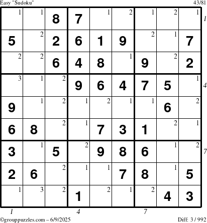 The grouppuzzles.com Easy Sudoku puzzle for Monday June 9, 2025 with all 3 steps marked