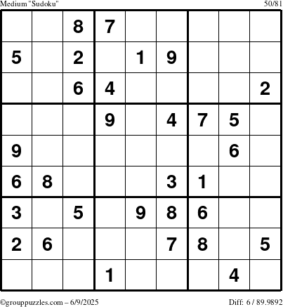 The grouppuzzles.com Medium Sudoku puzzle for Monday June 9, 2025