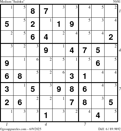 The grouppuzzles.com Medium Sudoku puzzle for Monday June 9, 2025 with all 6 steps marked